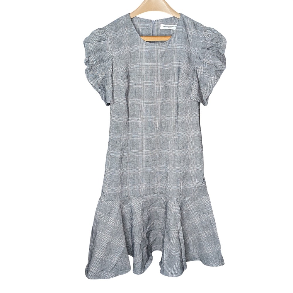 Amanda Uprichard Bekah Gray Plaid Ruffle Puff Sleeve Fit & Flare Mini Dress S